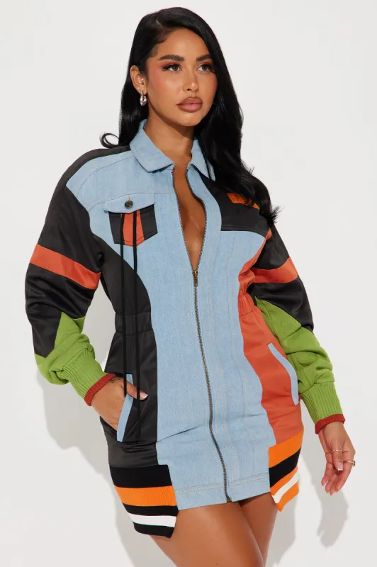 Sonic Zoom Denim Mini Dress - Black/combo sold by Fashion Nova