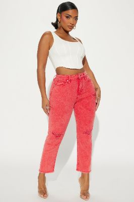 Stay In The Moment Stretch Mom Jean - Red sold by Fashion Nova