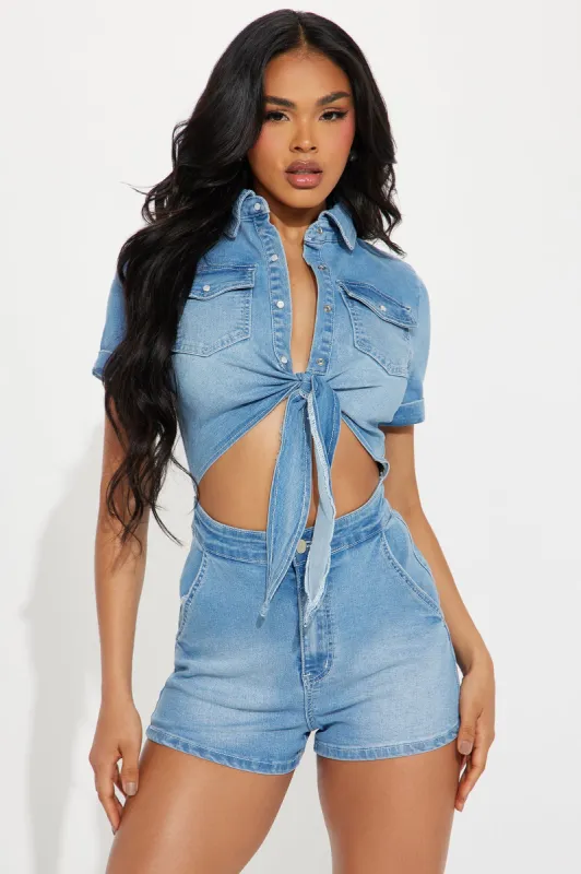 Desert Heart Denim Romper - Light Wash sold by Fashion Nova