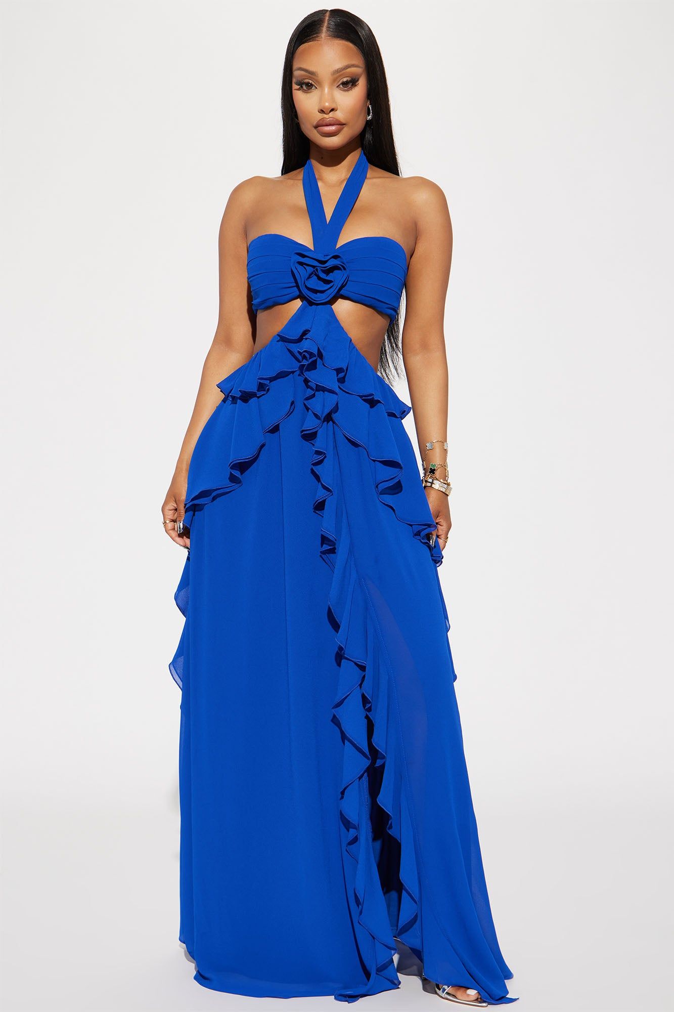 Rosette Ruffle Maxi Dress - Royal sold by Fashion Nova