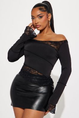 Secrets Out Asymmetrical Lace Top - Black sold by Fashion Nova