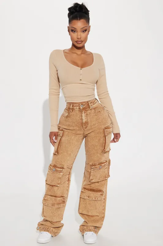 Devoted To It Stretch Cargo Straight Leg Jeans - Brown sold by Fashion Nova
