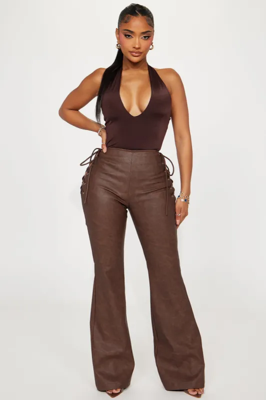 Savannah Washed Faux Leather Flare Pant - Brown/combo sold by Fashion Nova