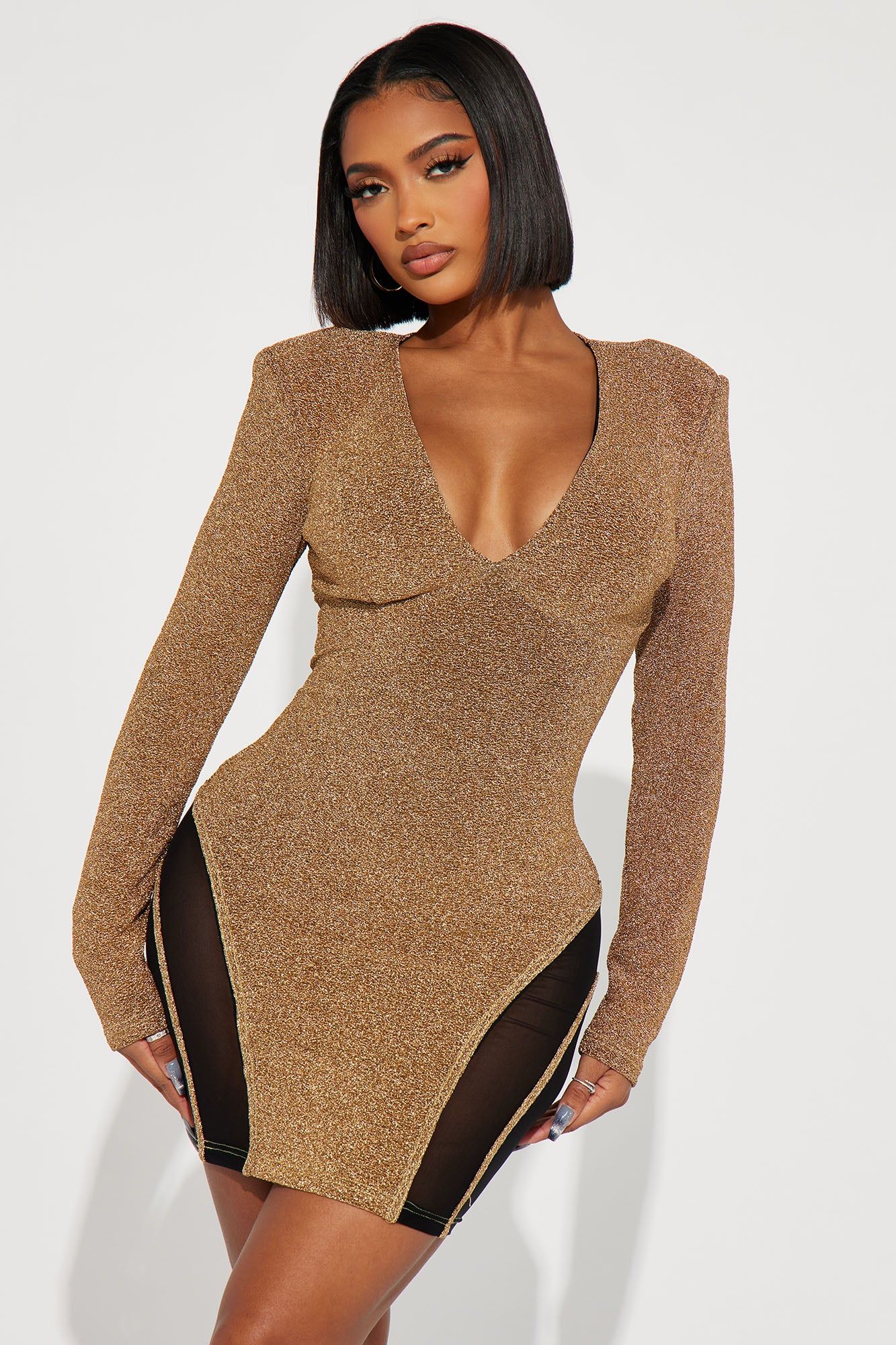 Jeanie Long Sleeve Mini Dress - Gold/Black sold by Fashion Nova