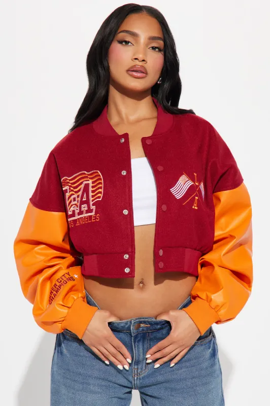 Run The City Varsity Jacket - Red/combo sold by Fashion Nova
