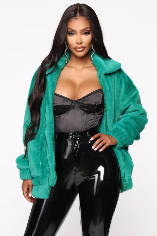 Places To Be Faux Fur Jacket - Kelly Green sold by Fashion Nova