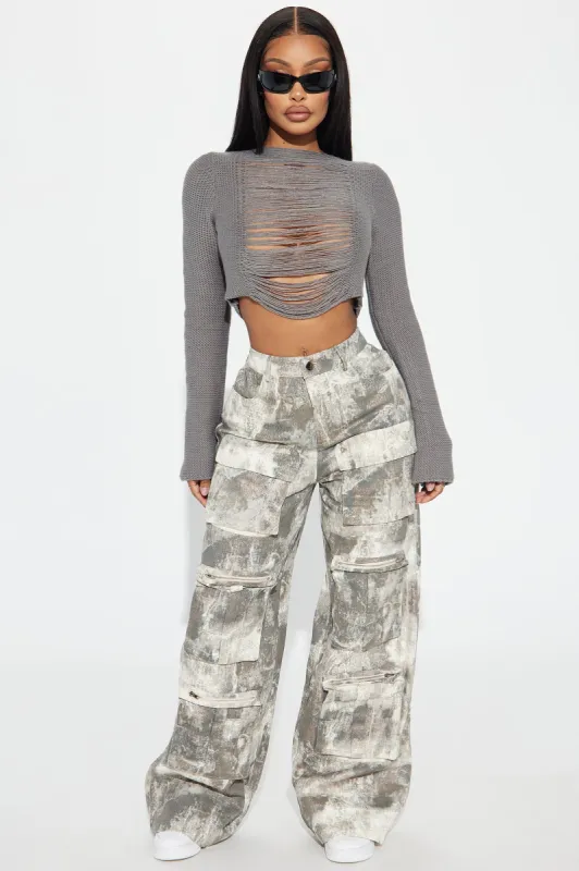 Revealing Myself Foil Cargo Pant - Cream/combo sold by Fashion Nova