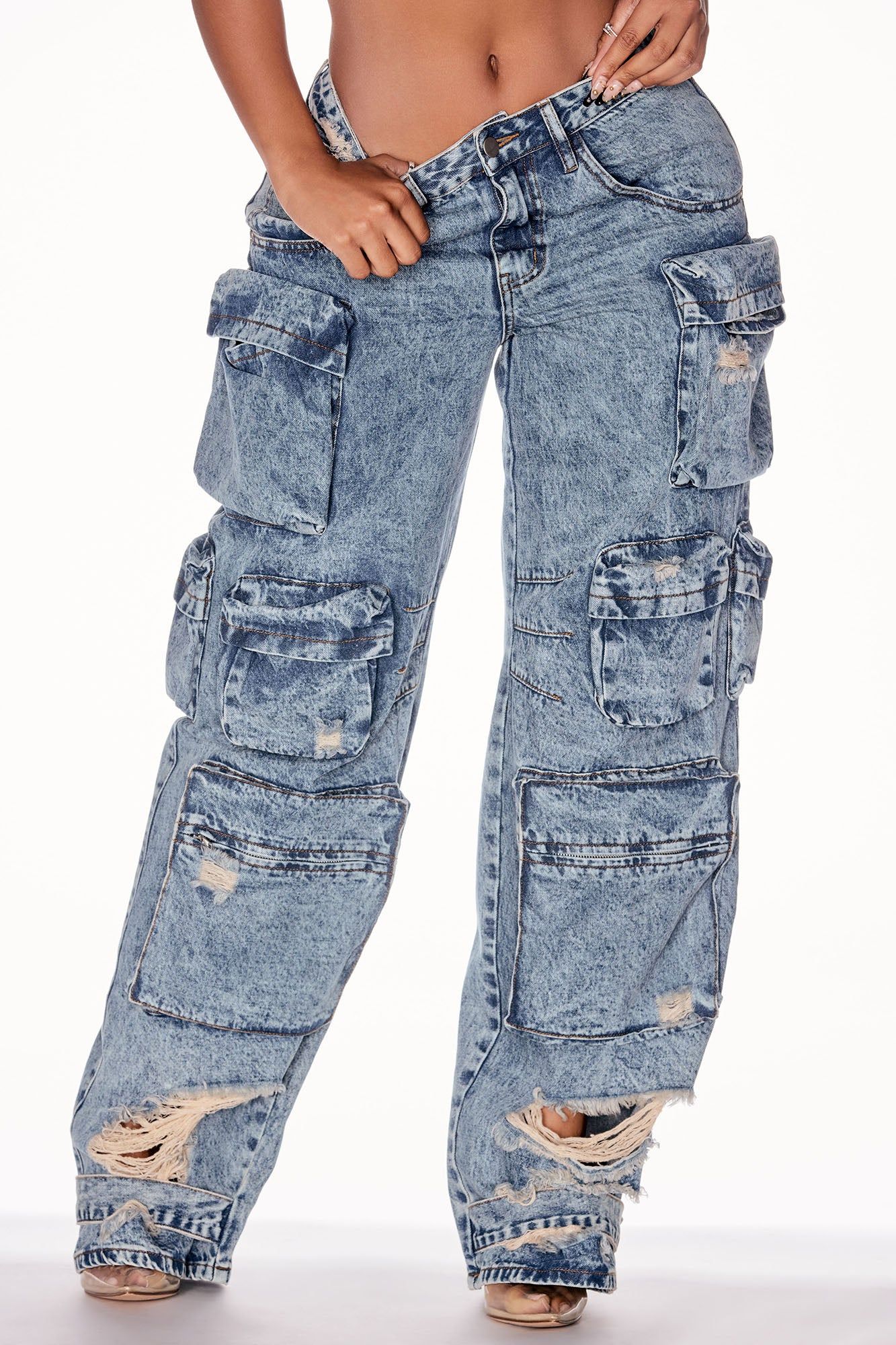 Nikki Non Stretch Acid Wash Cargo Jeans - Medium Wash sold by Fashion Nova product image thumbnail 2