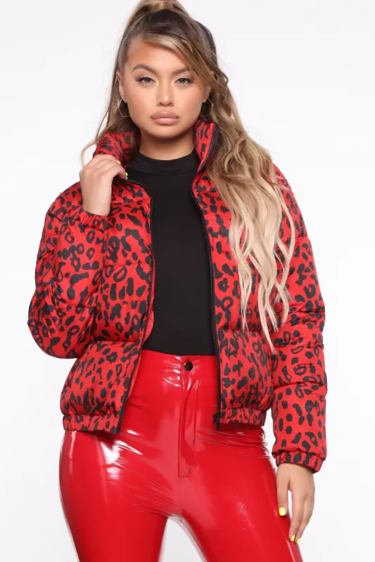 Bad Blood Cheetah Print Puffer Jacket - Red/combo sold by Fashion Nova