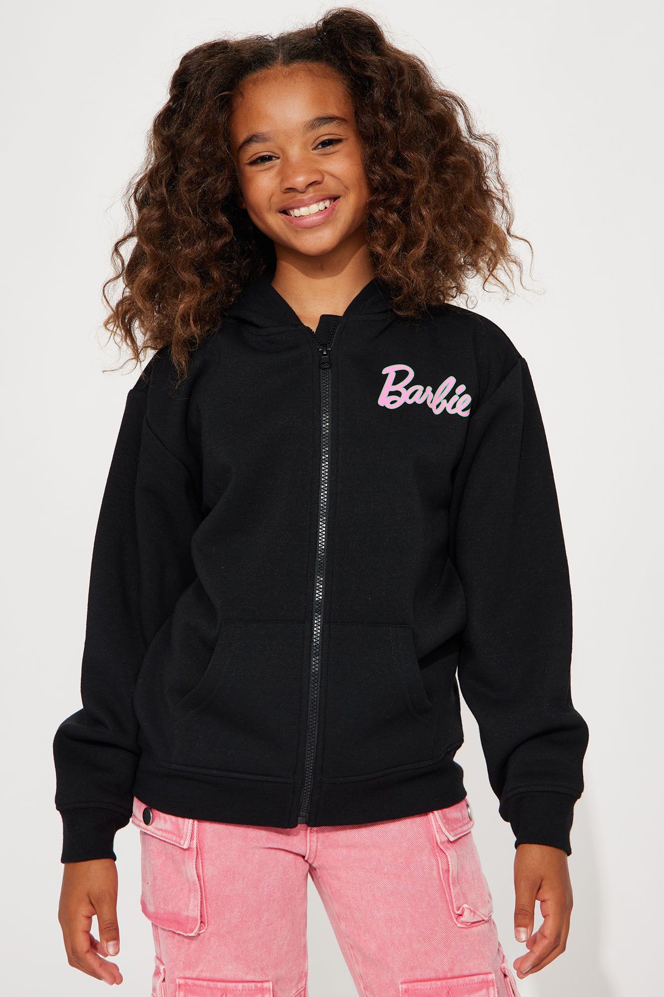 Mini Barbie Frame Zip Front Fleece Hoodie - Black sold by Fashion Nova
