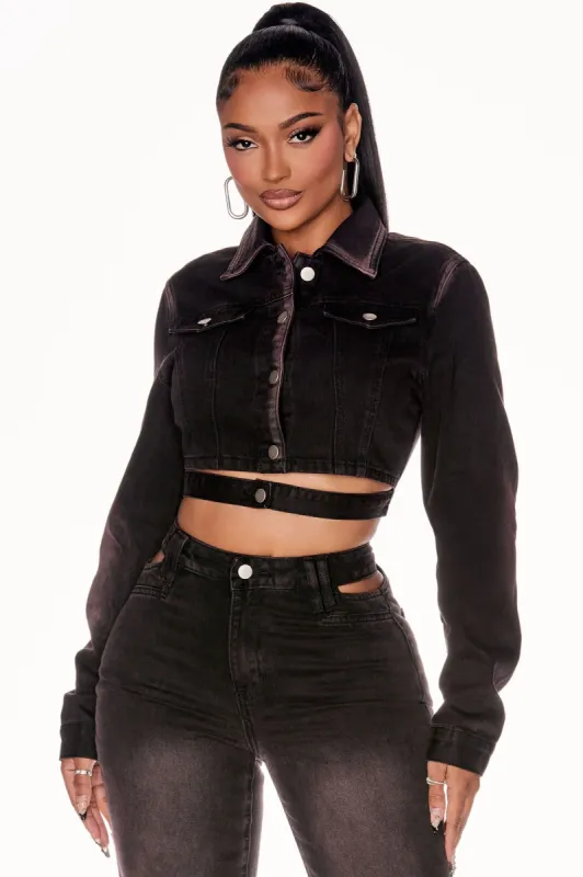 Crossing Your Mind Tinted Denim Jacket - Black/Red sold by Fashion Nova