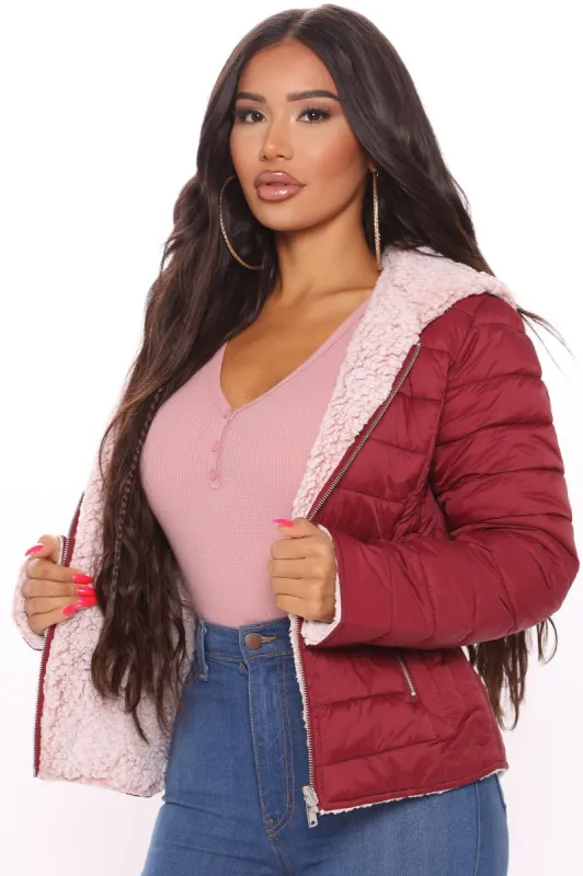 Split Second Reversible Puffer Jacket - Wine made by Fashion Nova