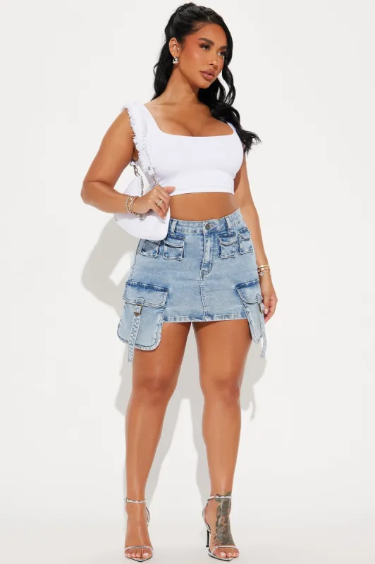 Alexa Cargo Mineral Wash Mini Skirt - Light Wash sold by Fashion Nova