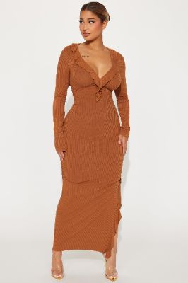 Lizzie Ribbed Midi Dress - Brown sold by Fashion Nova