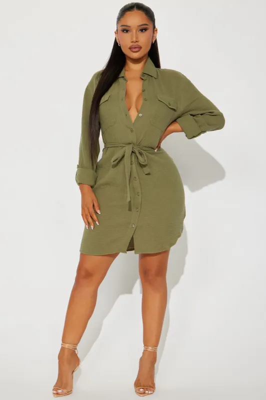 Poppy Gauze Mini Dress - Hunter sold by Fashion Nova