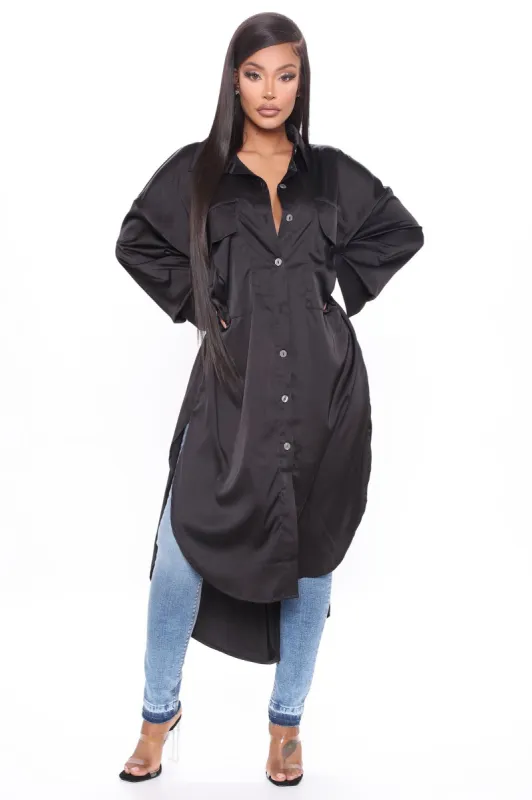 Longing For You Satin Oversized Shirt - Black sold by Fashion Nova