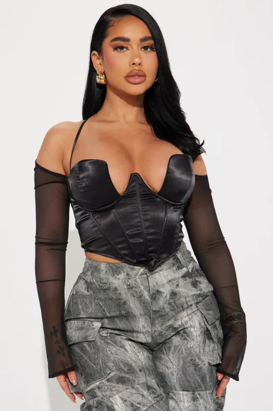 Sofia Satin Corset Top - Black sold by Fashion Nova