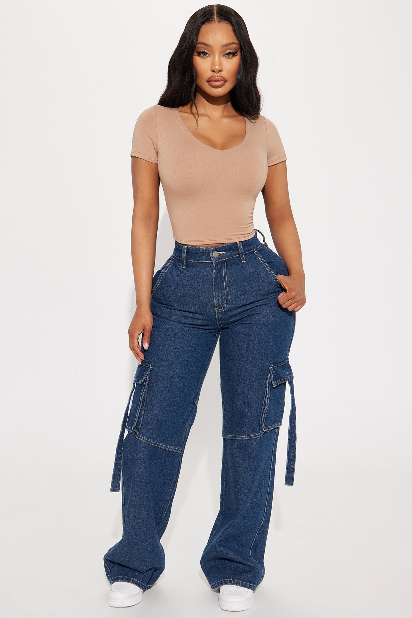 Self Made Cargo Straight Leg Jeans - Medium Wash sold by Fashion Nova