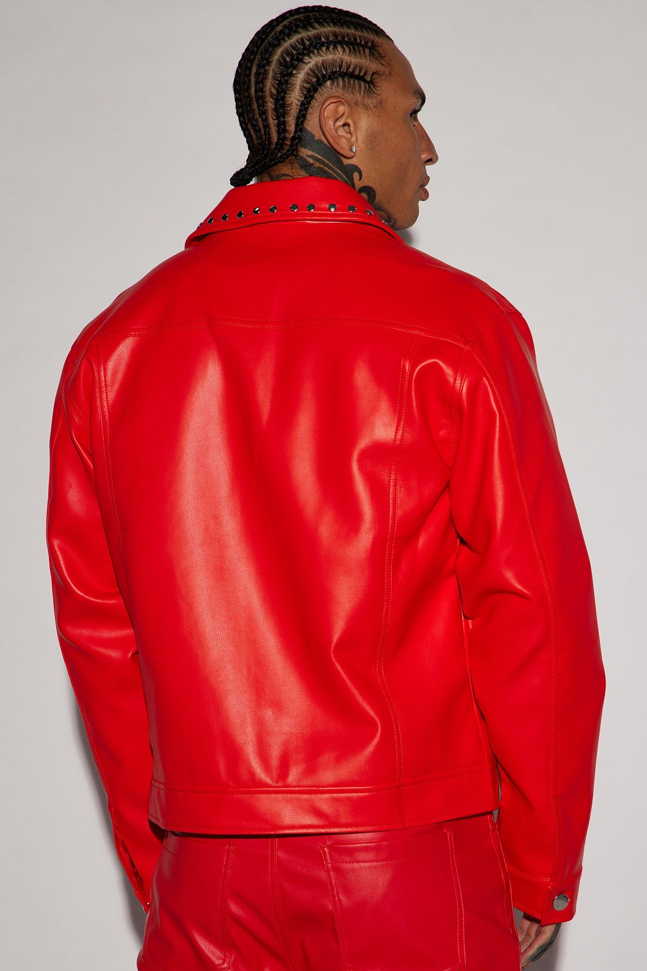 Faux Leather Studded Collar Trucker Jacket - Red sold by Fashion Nova product image thumbnail 3