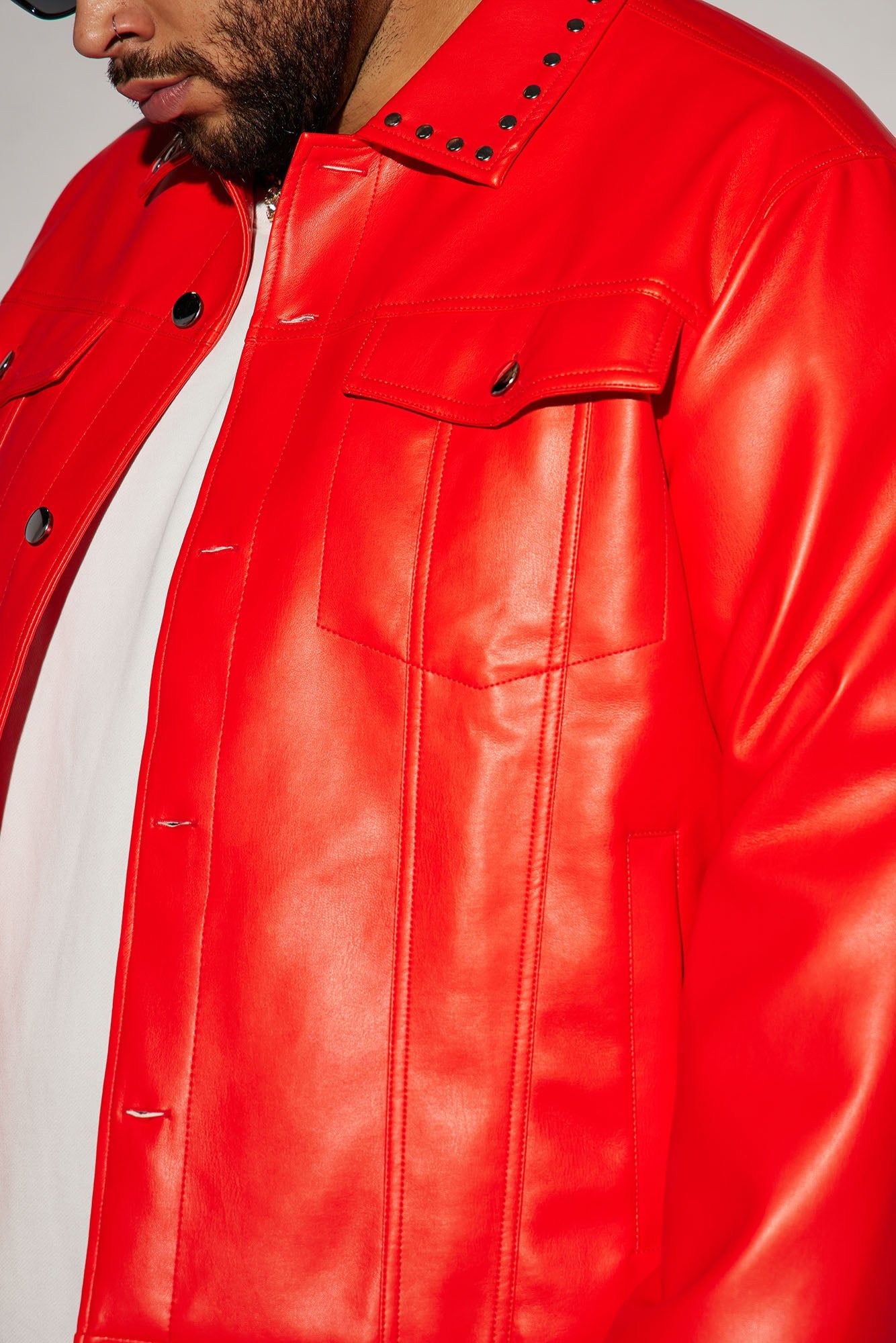 Faux Leather Studded Collar Trucker Jacket - Red sold by Fashion Nova product image thumbnail 6