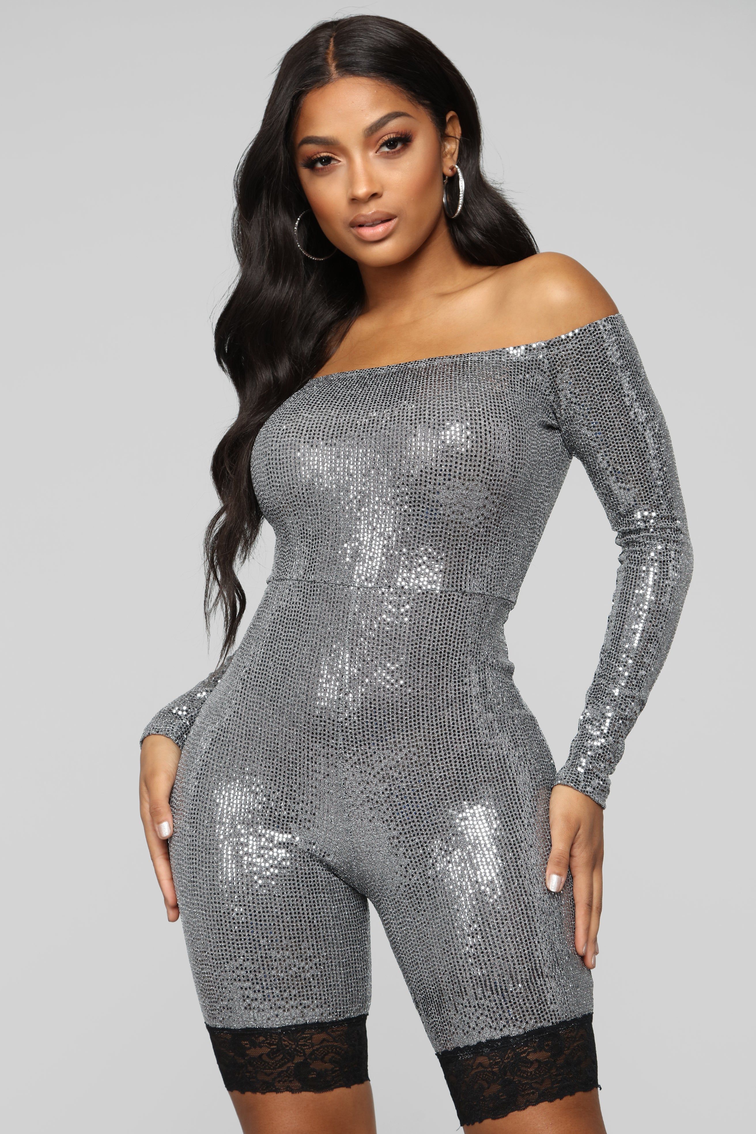 Lookin' Like a Gem Metallic Romper - Silver sold by Fashion Nova