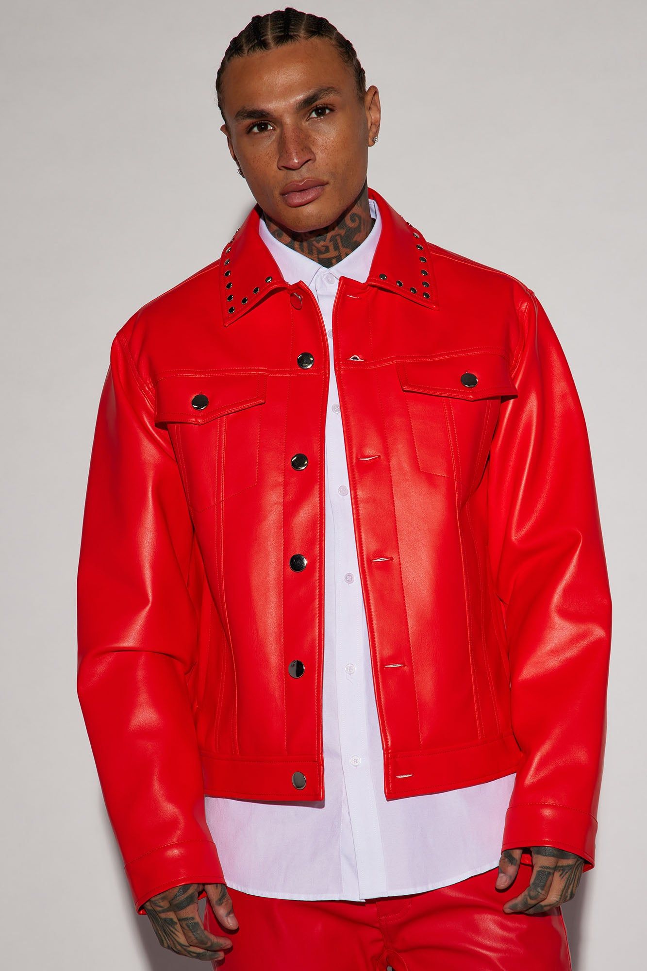 Faux Leather Studded Collar Trucker Jacket - Red sold by Fashion Nova