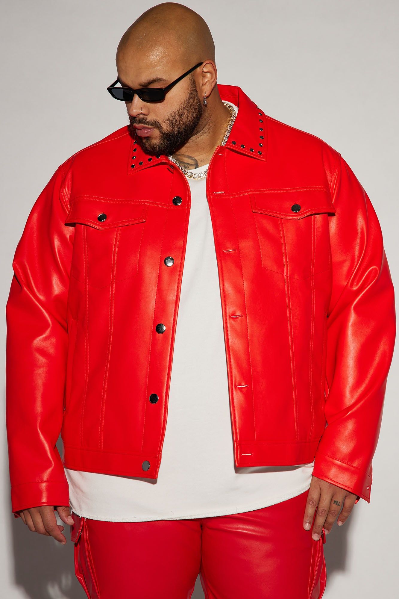 Faux Leather Studded Collar Trucker Jacket - Red sold by Fashion Nova product image thumbnail 4