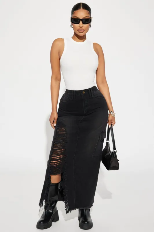 Kara Distressed Cargo Maxi Skirt - Black Wash sold by Fashion Nova