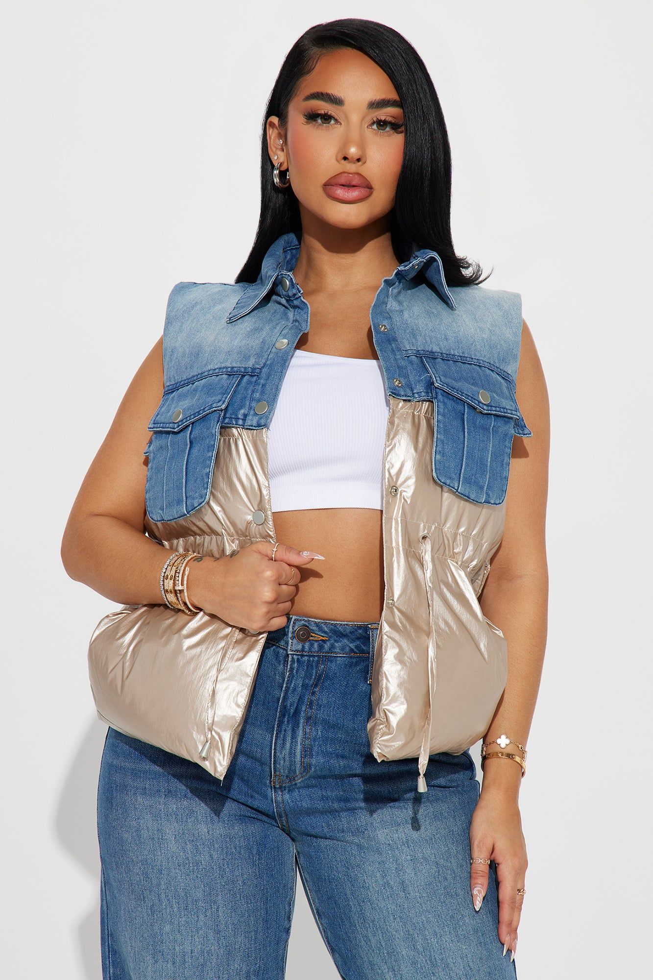 Right Timing Puffer Vest - Gold/combo sold by Fashion Nova