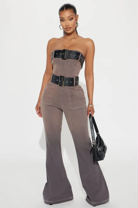 Stay With Me Belted Denim Jumpsuit - Charcoal sold by Fashion Nova