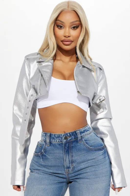 Pop It Crop It Faux Leather Jacket - Silver sold by Fashion Nova