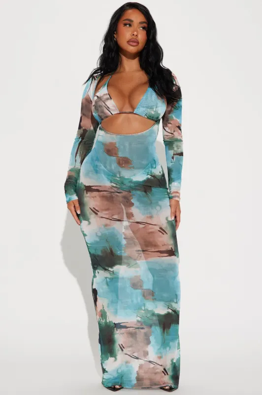 Summers In Tulum Mesh 3 Piece Sunsuit Set - Teal/combo sold by Fashion Nova