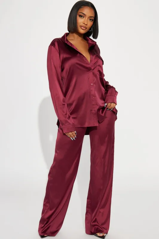 Mila Satin Pant Set - Burgundy sold by Fashion Nova