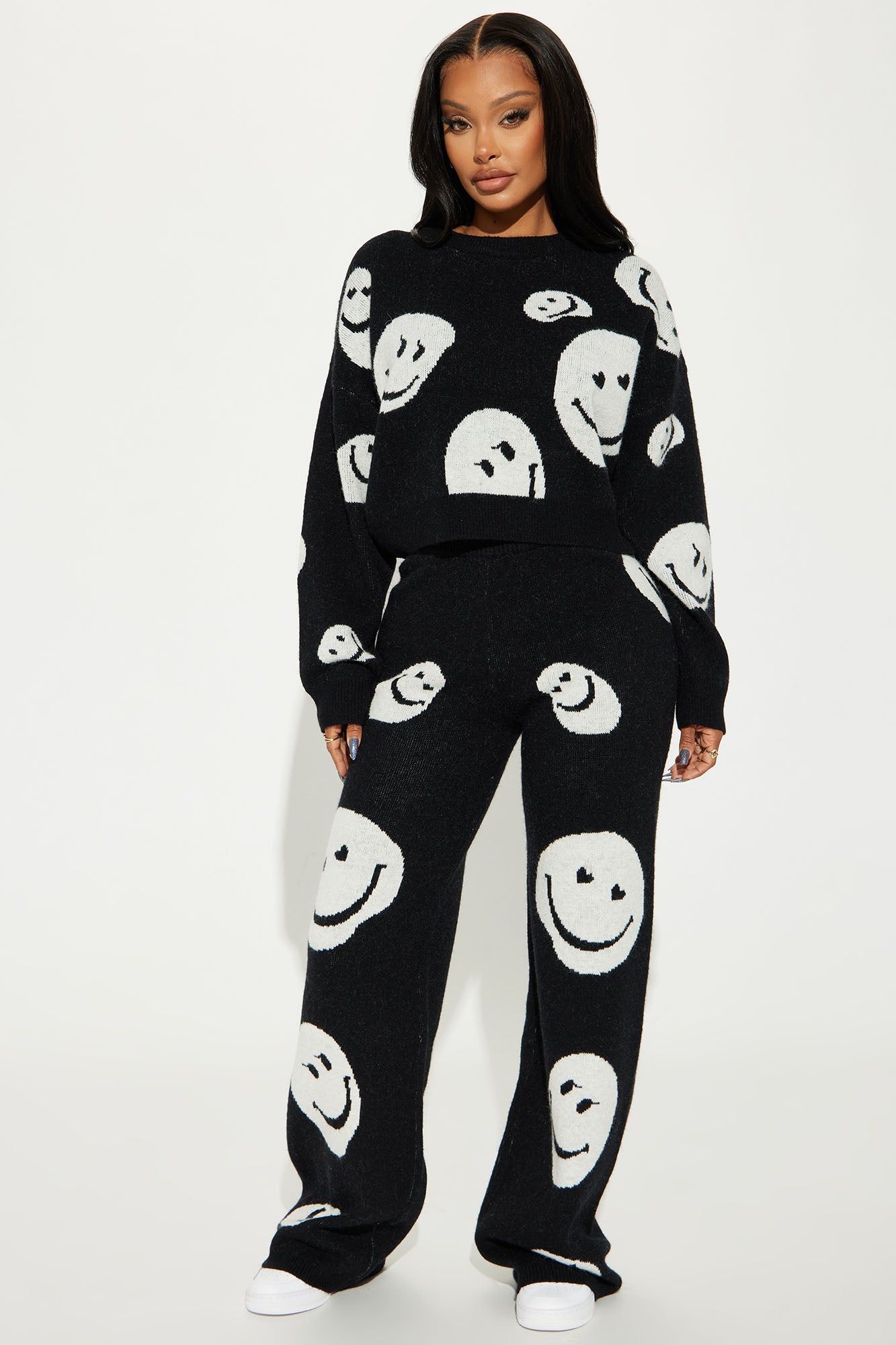 Smile For Me Sweater Pant Set - Black/White sold by Fashion Nova