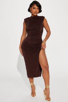 Alice Ruched Midi Dress - Chocolate sold by Fashion Nova