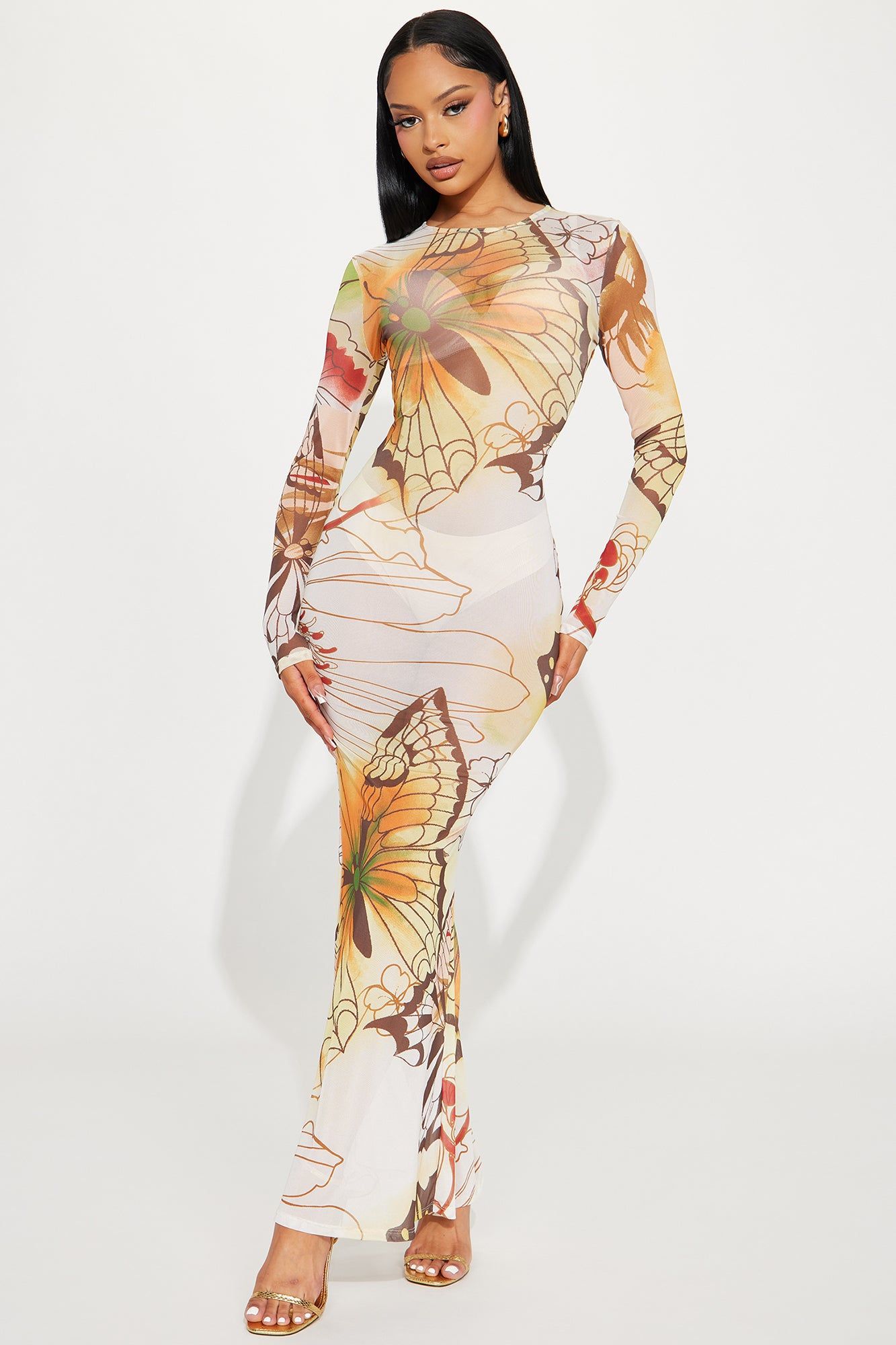 Sweet Butterfly Mesh Maxi Dress - Yellow/combo sold by Fashion Nova