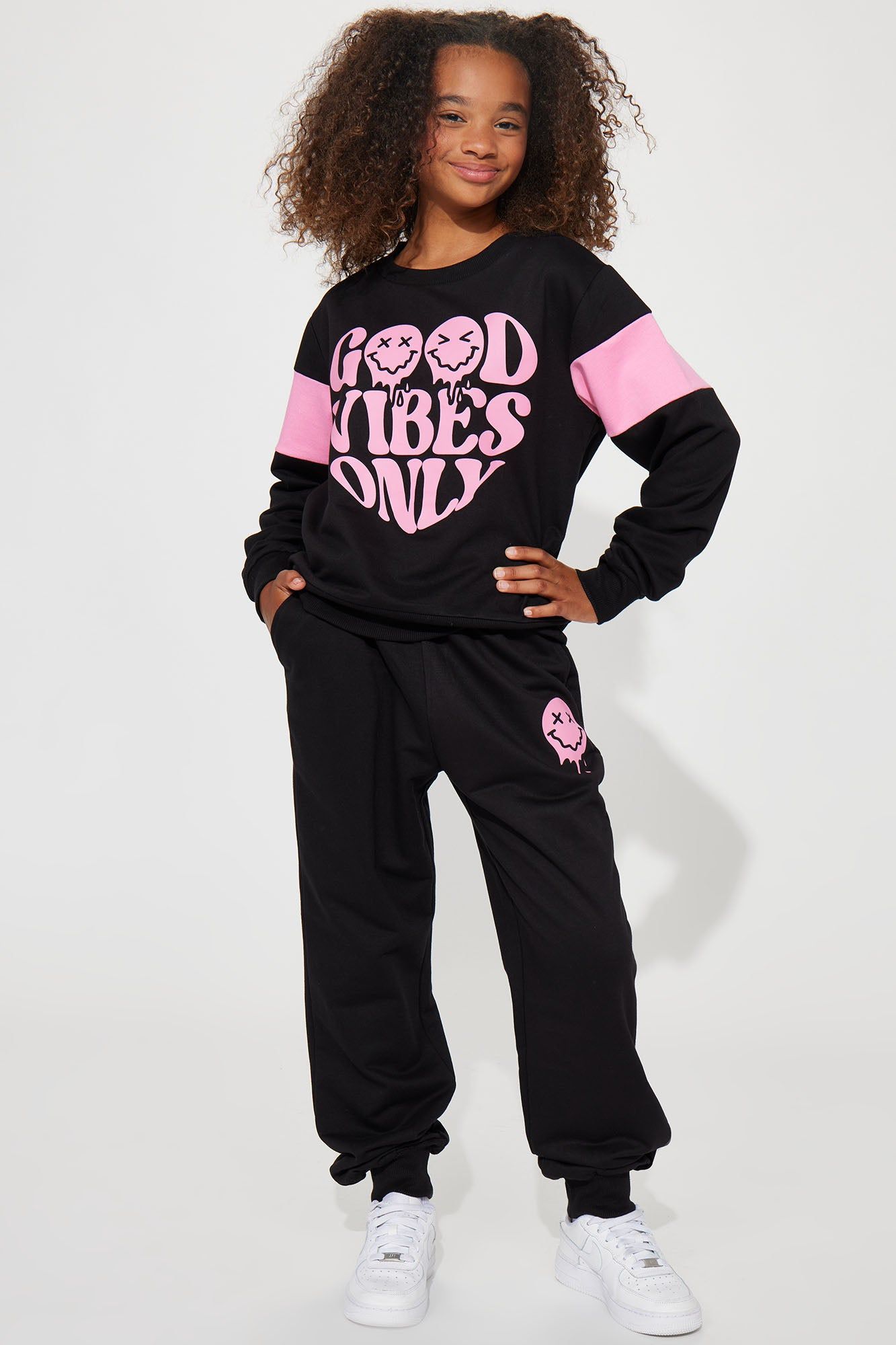 Mini Good Vibes Only French Terry Jogger Set - Black sold by Fashion Nova