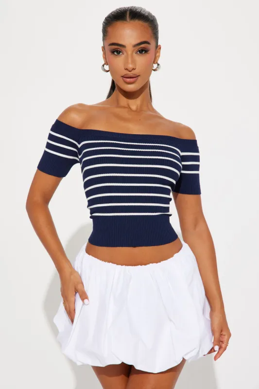 Sailing Striped Off Shoulder Sweater - Navy/combo sold by Fashion Nova
