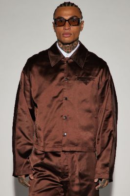 Florence Satin Cropped Jacket - Dark Brown sold by Fashion Nova