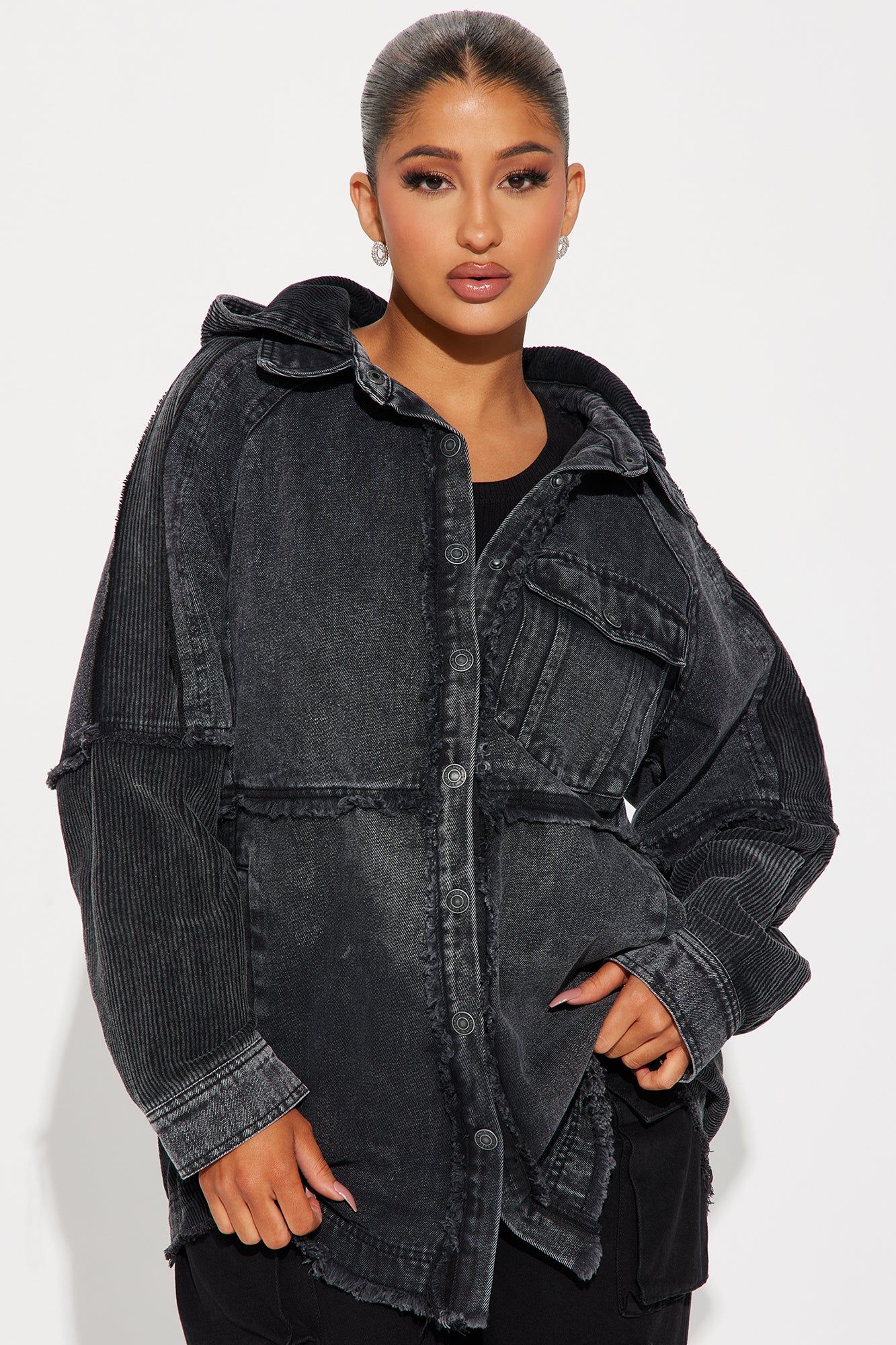Mixed Feelings Washed Corduroy Jacket - Charcoal sold by Fashion Nova