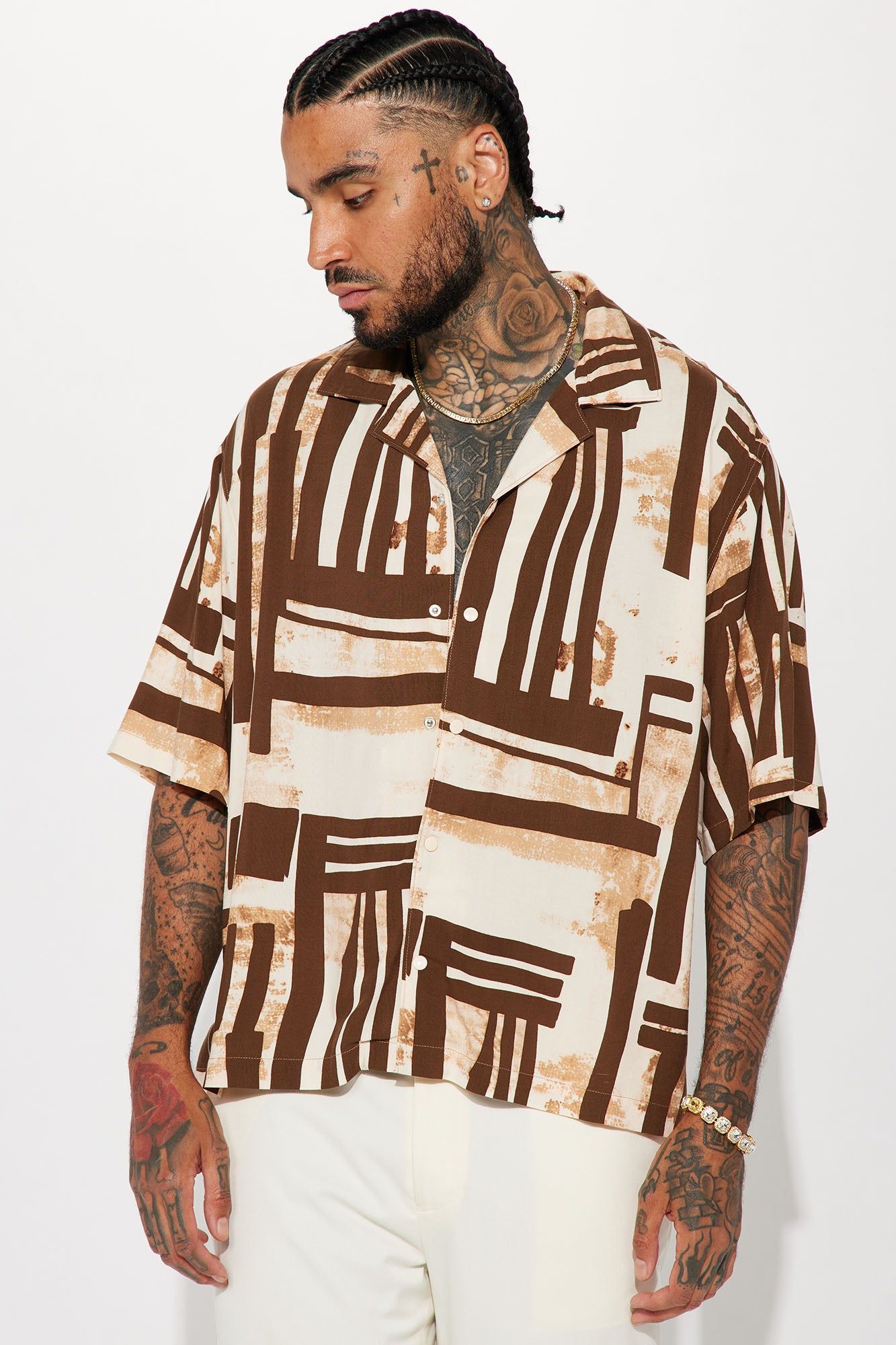 Messer Button Up Shirt - Brown/combo sold by Fashion Nova