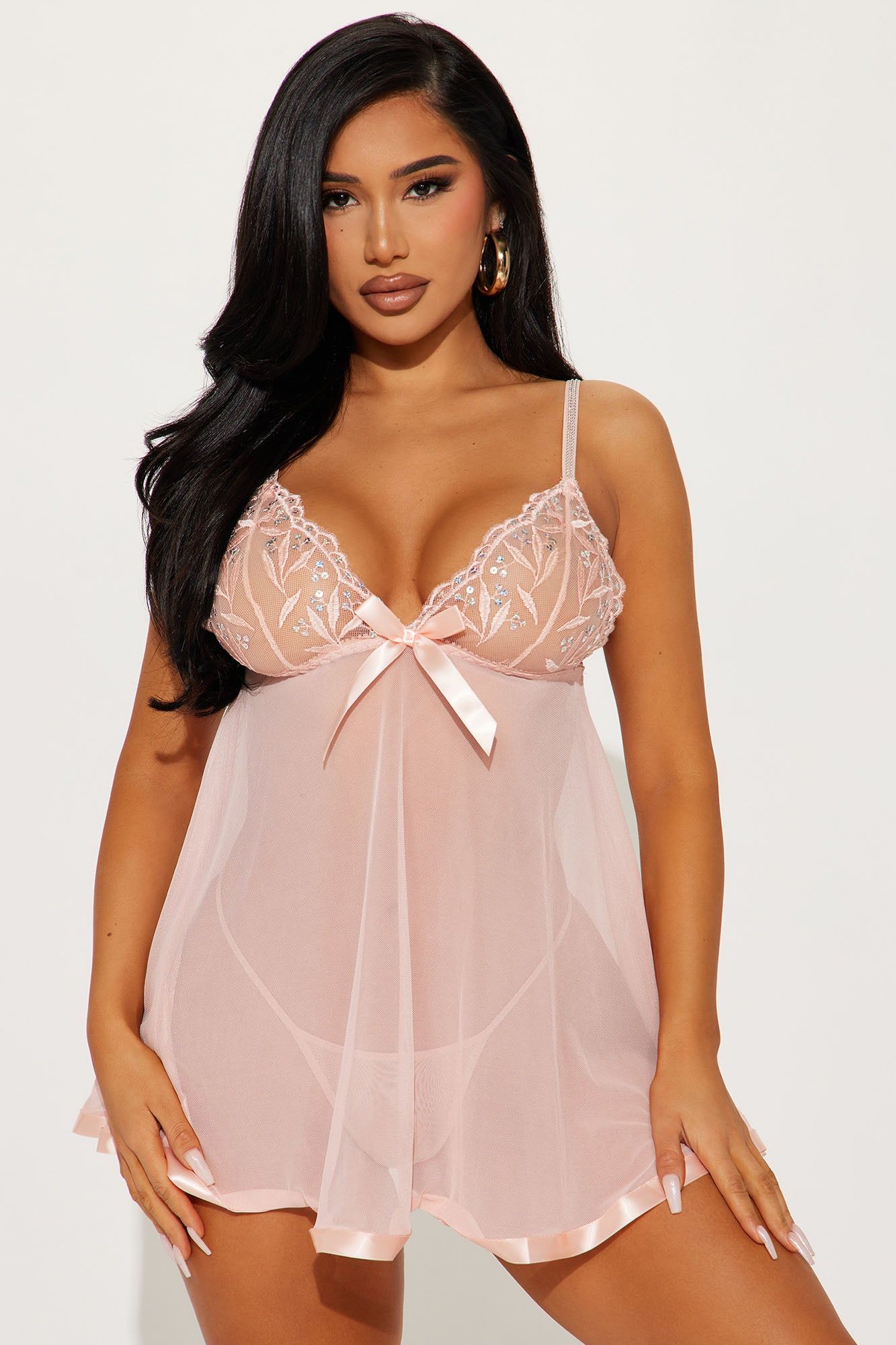 A Touch Of Sparkle Rhinestone Babydoll - Blush sold by Fashion Nova