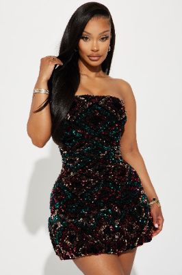 Cleo Sequin Mini Dress - Teal/combo sold by Fashion Nova