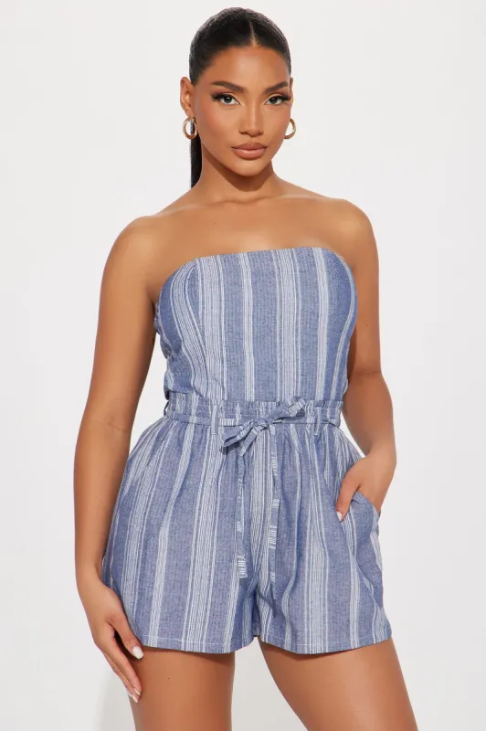 One Last Try Linen Romper - Blue sold by Fashion Nova