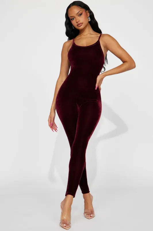 Vicki Velvet Jumpsuit - Burgundy sold by Fashion Nova