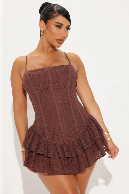 Lavish and Lovely Lace Mini Dress - Chocolate sold by Fashion Nova