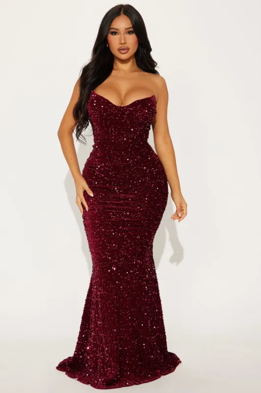 Noir Hour Velvet Sequin Gown - Burgundy sold by Fashion Nova