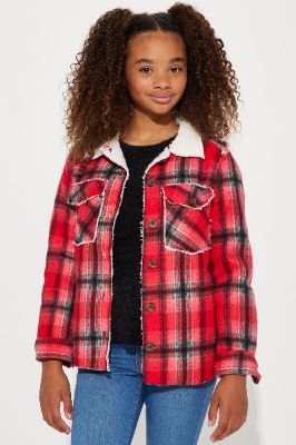 Mini Melissa Bonded Sherpa Shacket - Red/combo sold by Fashion Nova