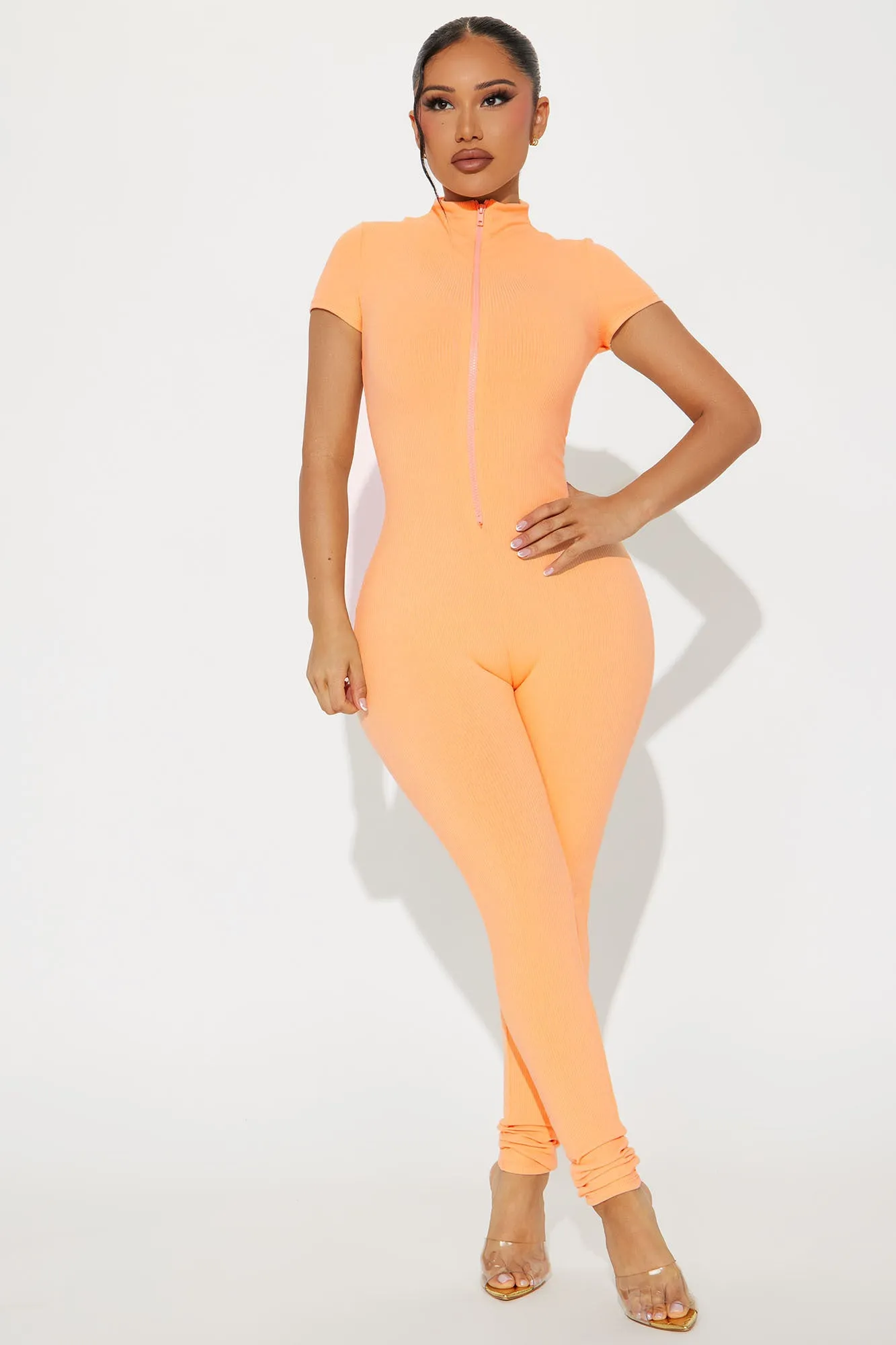 Anabel Short Sleeve Snatched Jumpsuit - Peach sold by Fashion Nova