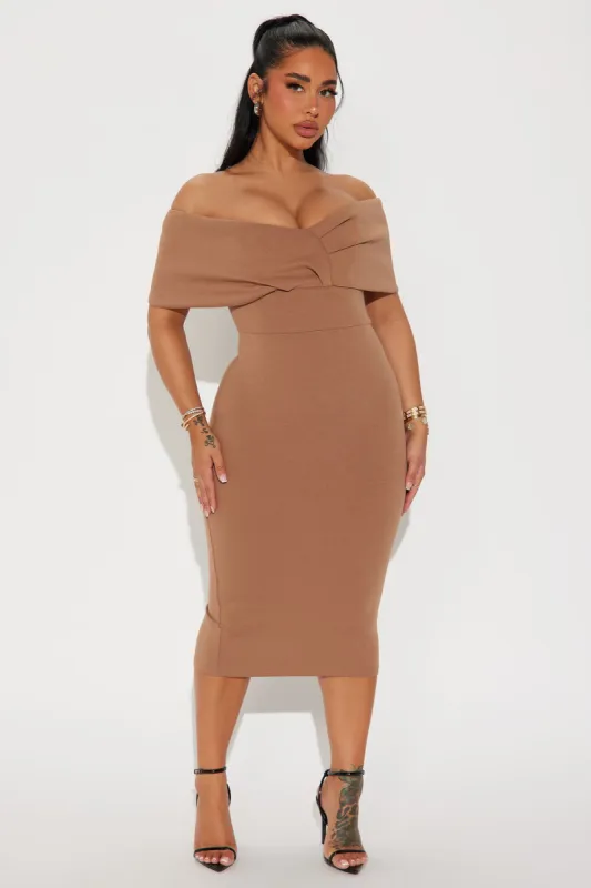 Emmabella Off Shoulder Midi Dress - Mocha sold by Fashion Nova